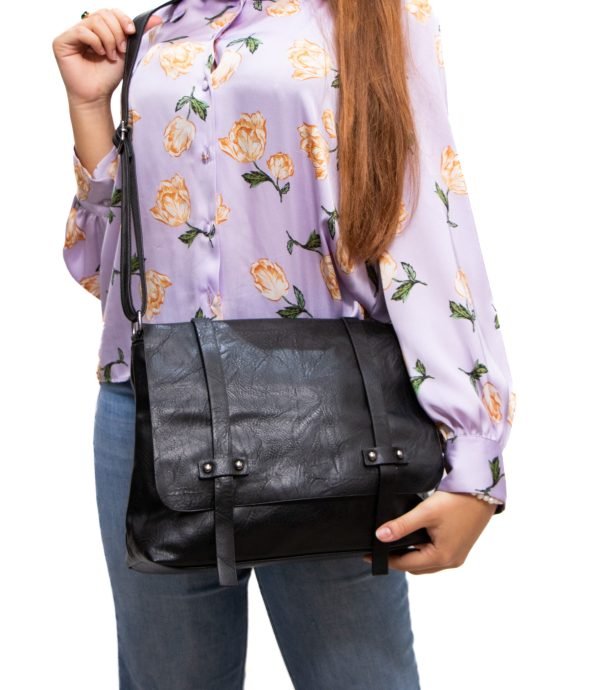 Sac bandoulière " Paolo Bags " MOYENNE TAILLE à triple compartiments effet cartable - Noir