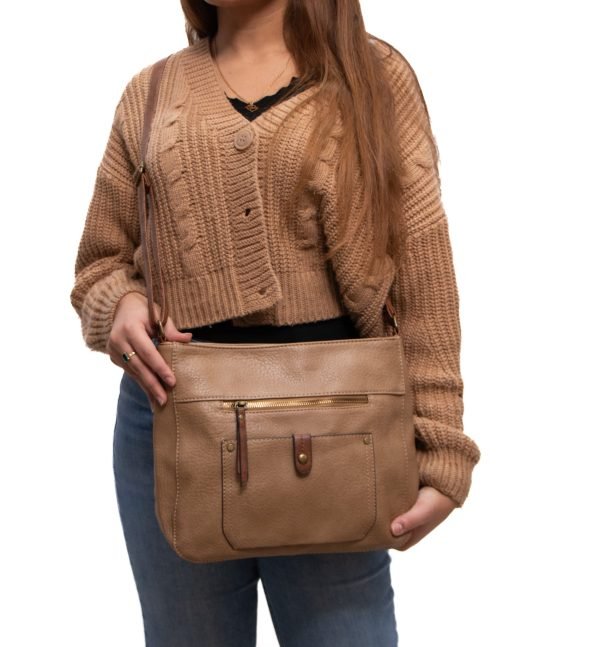 Grand Sac bandoulière " Sara Fashion Bags "  avec compartiment avant / arrière - Taupe – Image 2