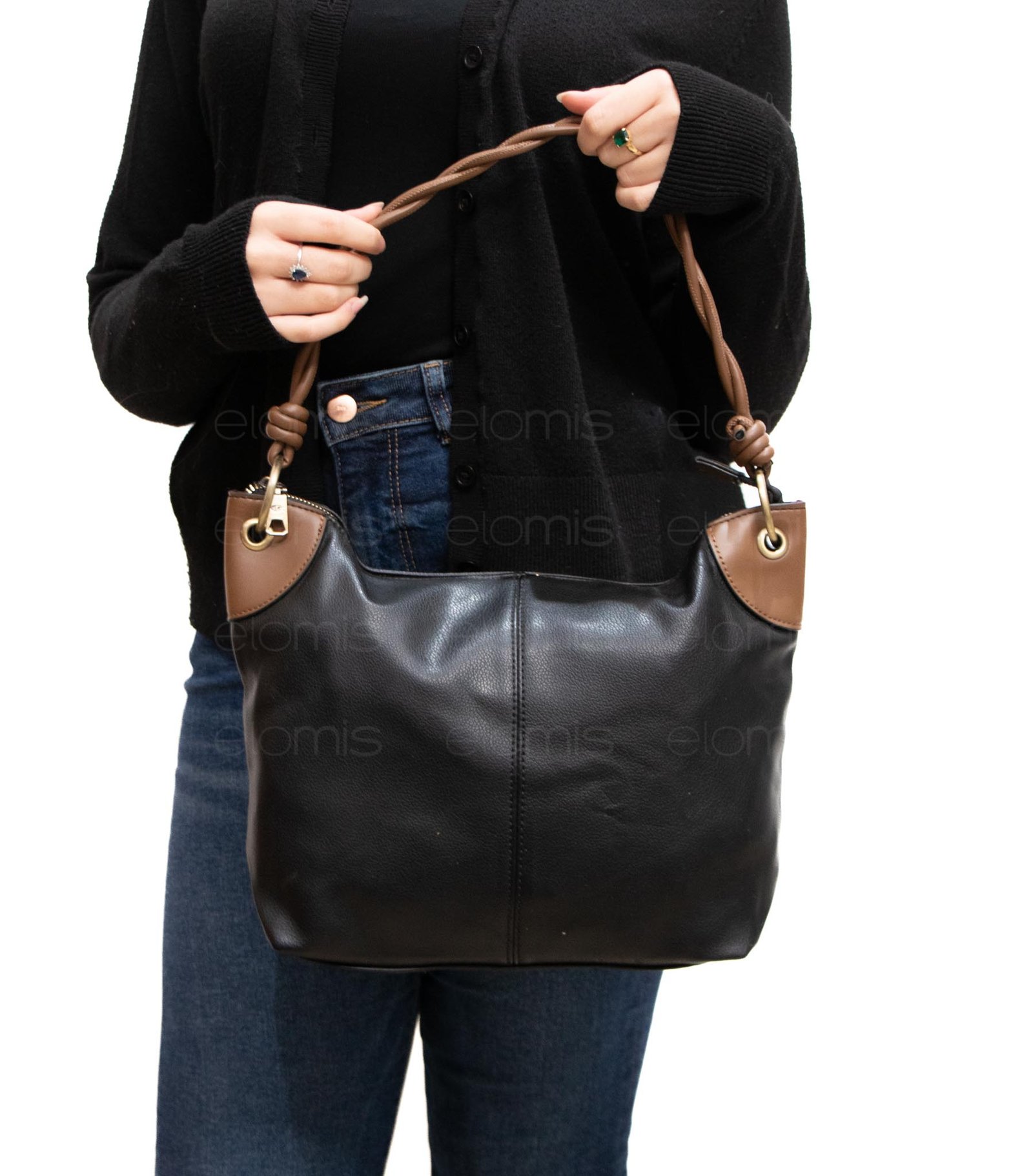 Sac bandoulière " KAHLO&CO " effet bourse - Noir / Marron – Image 1