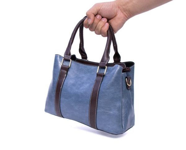 Petit sac à main à triple compartiments interne - bleu / finitions marron foncé