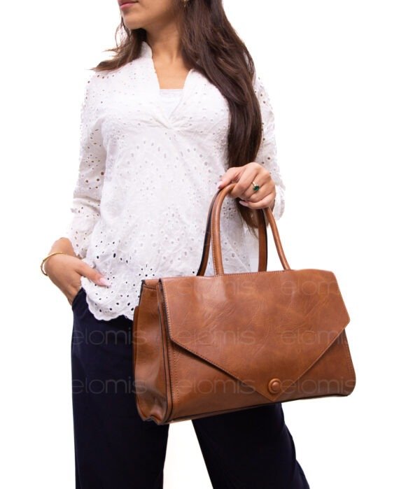 Sac cartable moyenne taille ” Marina Rylan ” à triple compartiments interne – Marron – Image 2