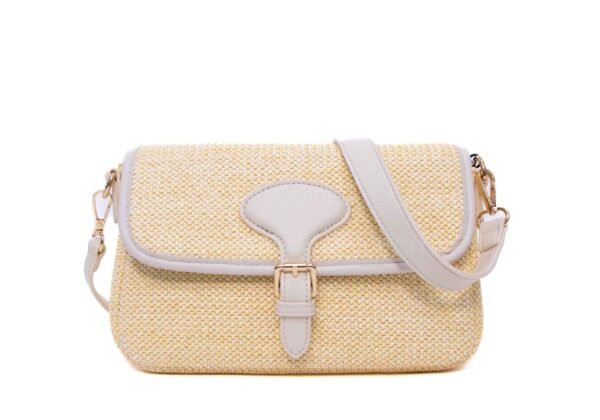 Sac bandoulière moyenne taille "Erick Style " à double bandoulière - tissus Paille / cuir synthétique beige clair