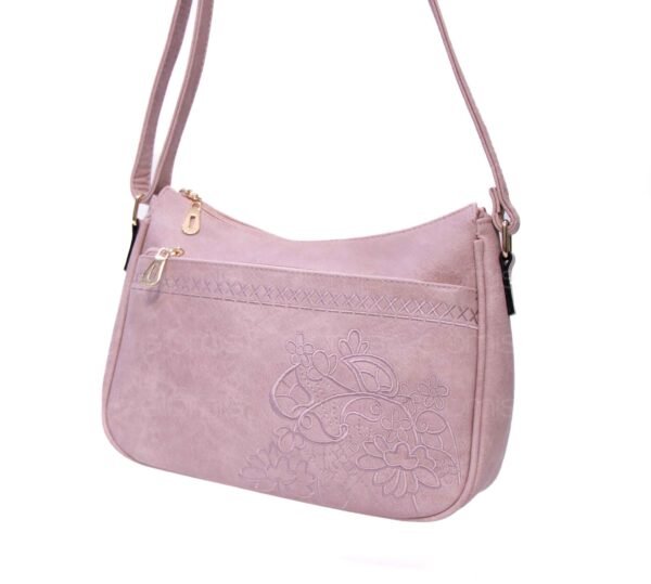 Sac bandoulière à triple compartiments avec décoration brodé - Rose Pastel