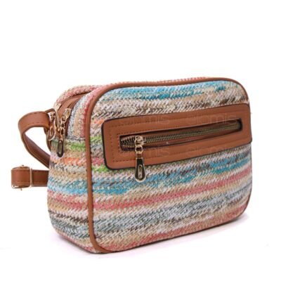 Sac bandoulière ” Parrot King ” effet arrondi à 4 compartiments en tissus – Multicolore 2 / Finitions marron
