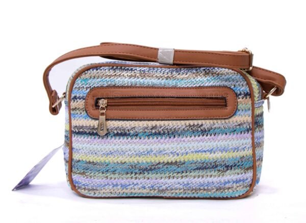 Sac bandoulière ” Parrot King ” effet arrondi à 4 compartiments en tissus – Nuance de bleu et de violet pastel / Finitions marron – Image 4