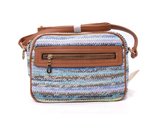 Sac bandoulière ” Parrot King ” effet arrondi à 4 compartiments en tissus – Nuance de bleu et de violet pastel / Finitions marron – Image 3