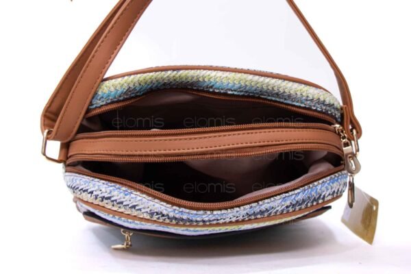 Sac bandoulière ” Parrot King ” effet arrondi à 4 compartiments en tissus – Nuance de bleu et de violet pastel / Finitions marron – Image 5