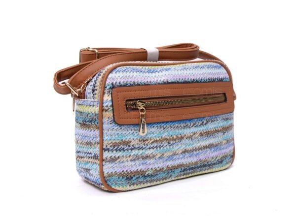 Sac bandoulière ” Parrot King ” effet arrondi à 4 compartiments en tissus – Nuance de bleu et de violet pastel / Finitions marron