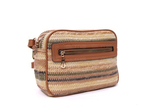 Sac bandoulière ” Parrot King ” effet arrondi à 4 compartiments en tissus – Nuances de beige 2 / Finitions marron – Image 2