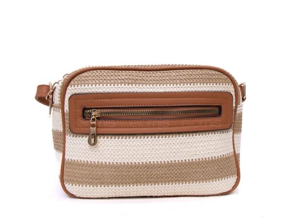 Sac bandoulière ” Parrot King ” effet arrondi à 4 compartiments en tissus – Beige / Blanc / Finitions marron – Image 3