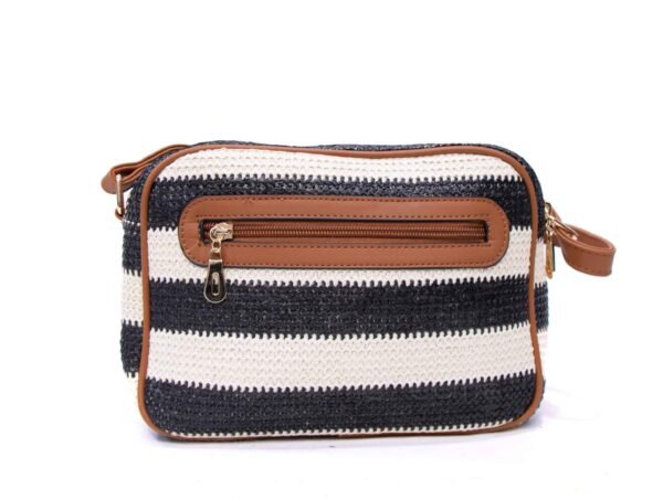 Sac bandoulière ” Parrot King ” effet arrondi à 4 compartiments en tissus – Noir / Blanc / Finitions marron – Image 6