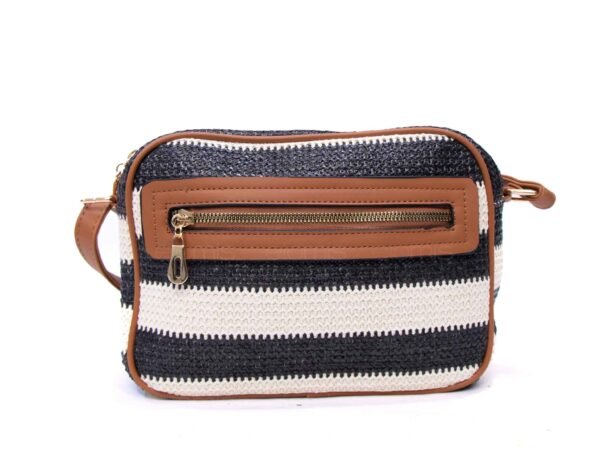 Sac bandoulière ” Parrot King ” effet arrondi à 4 compartiments en tissus – Noir / Blanc / Finitions marron – Image 3