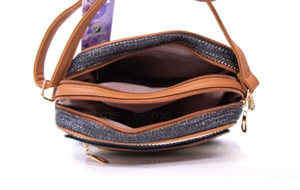 Sac bandoulière ” Parrot King ” effet arrondi à 4 compartiments en tissus – Noir / Blanc / Finitions marron – Image 5