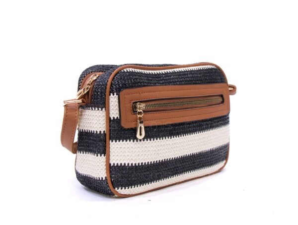 Sac bandoulière ” Parrot King ” effet arrondi à 4 compartiments en tissus – Noir / Blanc / Finitions marron