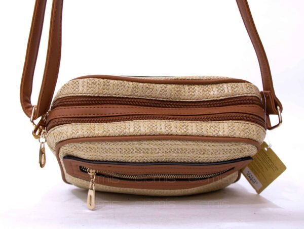 Sac bandoulière ” Parrot King ” effet arrondi à 4 compartiments en tissus – Pailleté / Finitions marron – Image 5