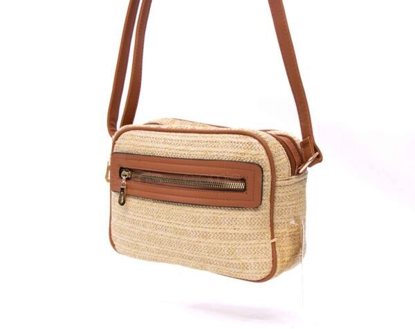 Sac bandoulière ” Parrot King ” effet arrondi à 4 compartiments en tissus – Pailleté / Finitions marron – Image 2