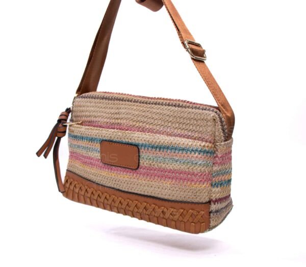 Sac bandoulière ” Parrot King ” effet arrondi à 3 compartiments en tissus avec bande décorative – Multicolore 4 / Finitions marron – Image 2