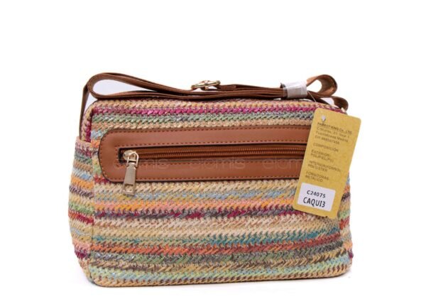 Sac bandoulière ” Parrot King ” effet arrondi à 3 compartiments en tissus avec bande décorative – Multicolore 3 / Finitions marron – Image 6