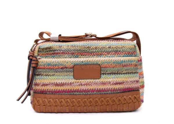 Sac bandoulière ” Parrot King ” effet arrondi à 3 compartiments en tissus avec bande décorative – Multicolore 3 / Finitions marron – Image 2