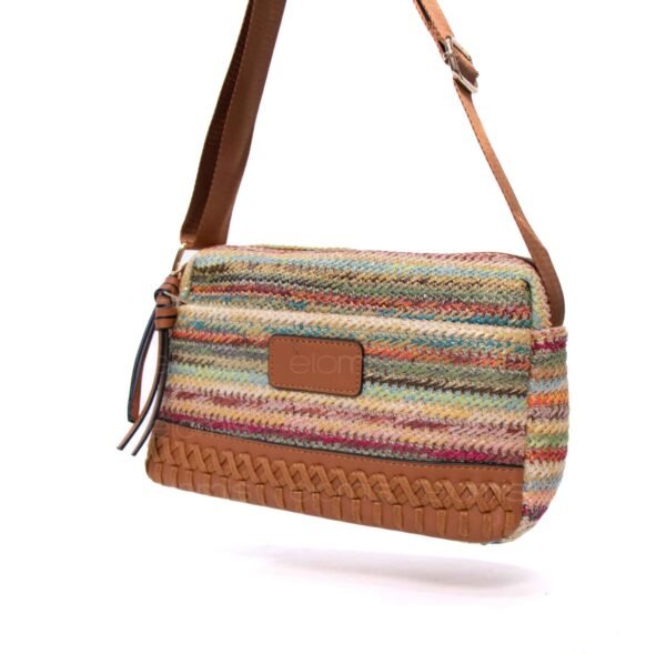 Sac bandoulière ” Parrot King ” effet arrondi à 3 compartiments en tissus avec bande décorative – Multicolore 3 / Finitions marron – Image 3