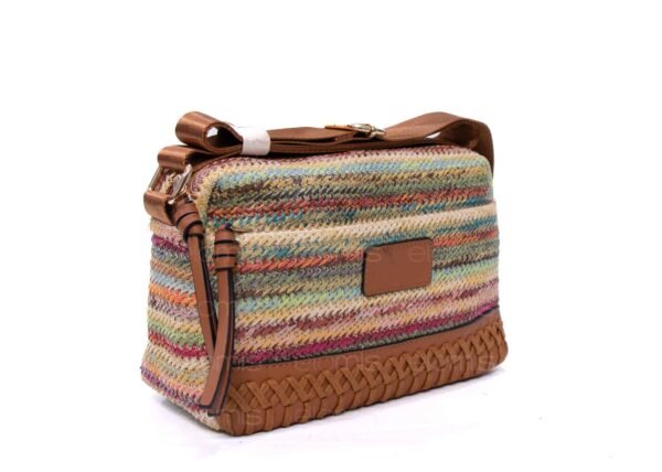 Sac bandoulière ” Parrot King ” effet arrondi à 3 compartiments en tissus avec bande décorative – Multicolore 3 / Finitions marron