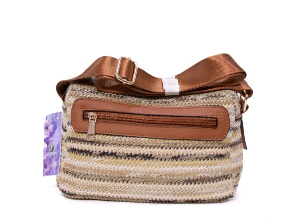 Sac bandoulière ” Parrot King ” effet arrondi à 3 compartiments en tissus avec bande décorative – Nuances de beige / Finitions marron – Image 5