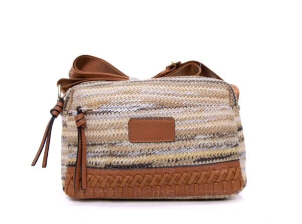 Sac bandoulière ” Parrot King ” effet arrondi à 3 compartiments en tissus avec bande décorative – Nuances de beige / Finitions marron – Image 2