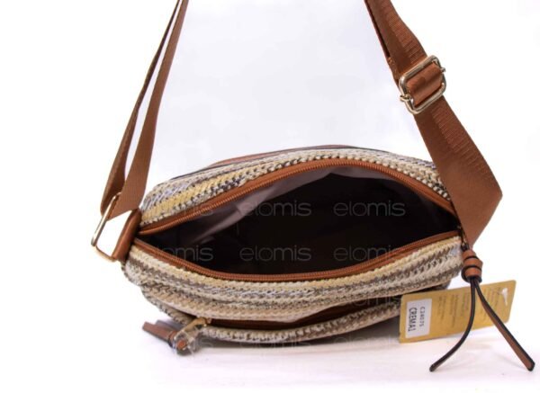 Sac bandoulière ” Parrot King ” effet arrondi à 3 compartiments en tissus avec bande décorative – Nuances de beige / Finitions marron – Image 6