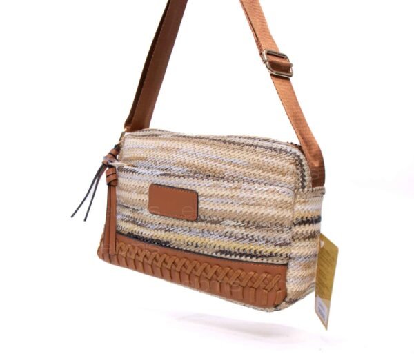 Sac bandoulière ” Parrot King ” effet arrondi à 3 compartiments en tissus avec bande décorative – Nuances de beige / Finitions marron – Image 3