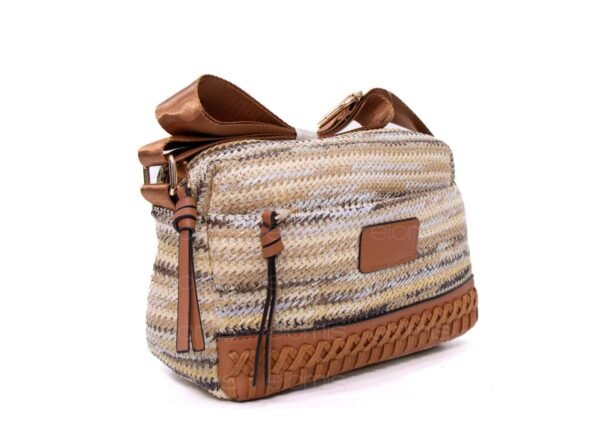 Sac bandoulière ” Parrot King ” effet arrondi à 3 compartiments en tissus avec bande décorative – Nuances de beige / Finitions marron