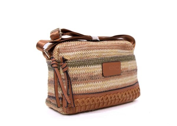 Sac bandoulière ” Parrot King ” effet arrondi à 3 compartiments en tissus avec bande décorative – Nuances de beige 2 / Finitions marron