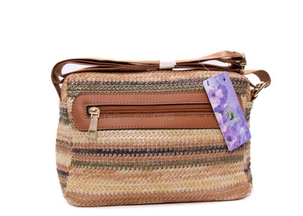 Sac bandoulière ” Parrot King ” effet arrondi à 3 compartiments en tissus avec bande décorative – Nuances de beige 2 / Finitions marron – Image 5