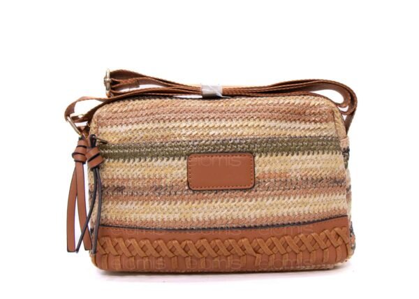 Sac bandoulière ” Parrot King ” effet arrondi à 3 compartiments en tissus avec bande décorative – Nuances de beige 2 / Finitions marron – Image 3
