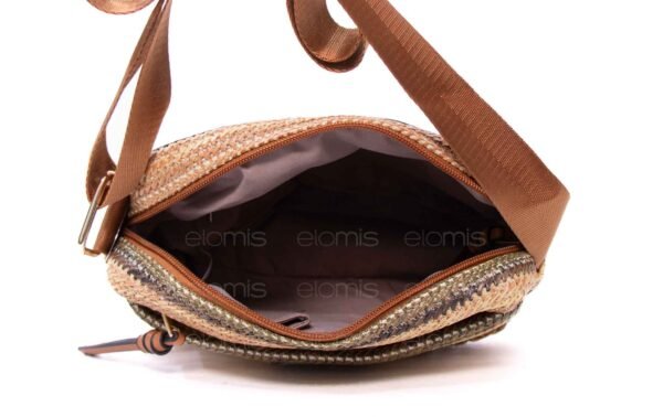 Sac bandoulière ” Parrot King ” effet arrondi à 3 compartiments en tissus avec bande décorative – Nuances de beige 2 / Finitions marron – Image 6