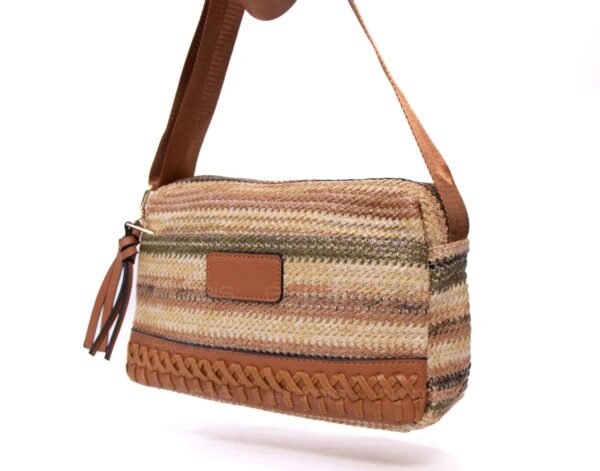 Sac bandoulière ” Parrot King ” effet arrondi à 3 compartiments en tissus avec bande décorative – Nuances de beige 2 / Finitions marron – Image 2