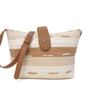 Petit sac bandoulière en tissus avec fermoir en cuir synthétique marron - Beige nuancé / taupe