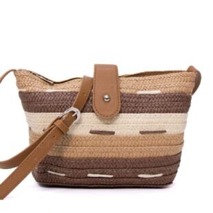 Petit sac bandoulière en tissus avec fermoir en cuir synthétique marron - Marron / Taupe
