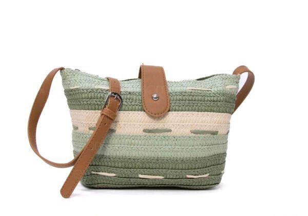 Petit sac bandoulière en tissus avec fermoir en cuir synthétique marron - Vert Nuancé / beige