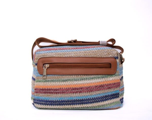 Sac bandoulière ” Parrot King ” effet arrondi à 3 compartiments en tissus avec bande décorative – Multicolore 4 / Finitions marron – Image 5