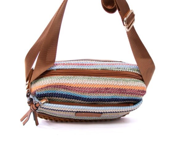 Sac bandoulière ” Parrot King ” effet arrondi à 3 compartiments en tissus avec bande décorative – Multicolore 4 / Finitions marron – Image 6