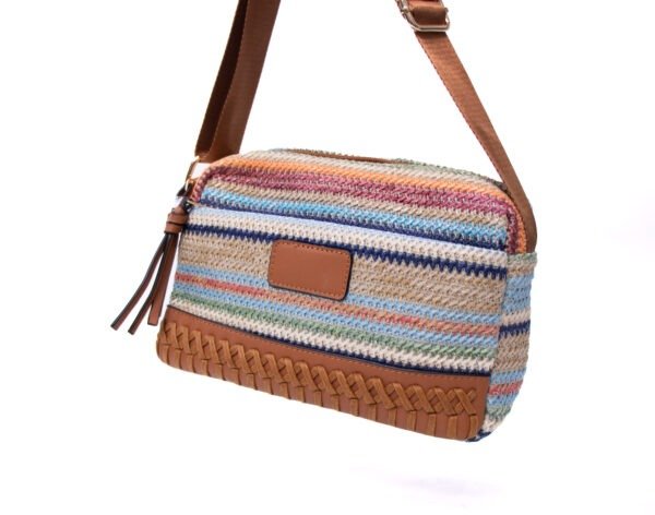 Sac bandoulière ” Parrot King ” effet arrondi à 3 compartiments en tissus avec bande décorative – Multicolore 4 / Finitions marron – Image 2