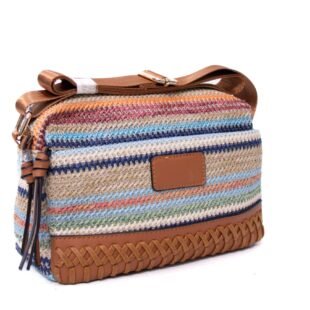 Sac bandoulière ” Parrot King ” effet arrondi à 3 compartiments en tissus avec bande décorative – Multicolore 4 / Finitions marron
