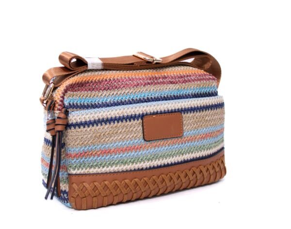 Sac bandoulière ” Parrot King ” effet arrondi à 3 compartiments en tissus avec bande décorative – Multicolore 4 / Finitions marron