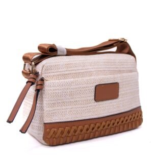 Sac bandoulière ” Parrot King ” effet arrondi à 3 compartiments en tissus avec bande décorative – Beige clair / Finitions marron