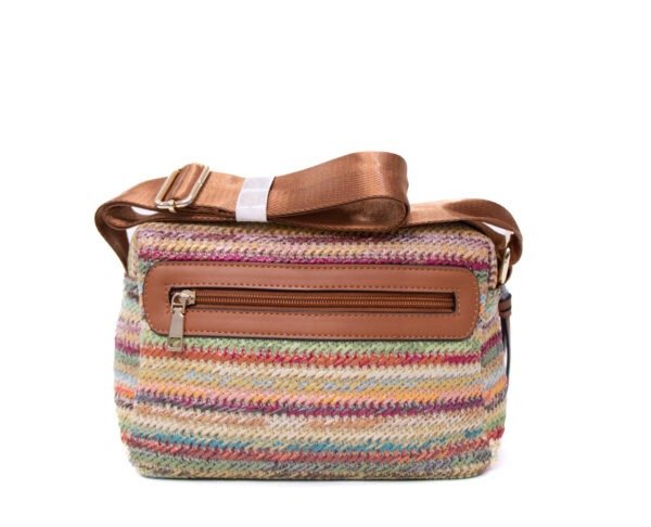 Sac bandoulière ” Parrot King ” effet arrondi à 3 compartiments en tissus avec bande décorative – Multicolore 3 / Finitions marron – Image 4