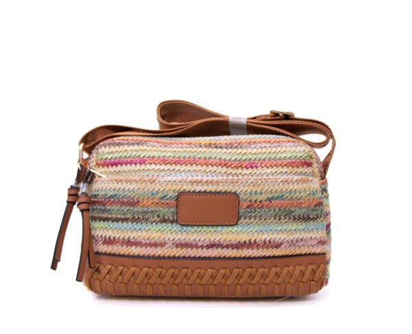 Sac bandoulière ” Parrot King ” effet arrondi à 3 compartiments en tissus avec bande décorative – Multicolore 3 / Finitions marron – Image 3
