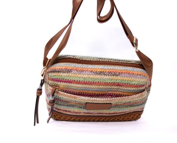 Sac bandoulière ” Parrot King ” effet arrondi à 3 compartiments en tissus avec bande décorative – Multicolore 3 / Finitions marron – Image 5