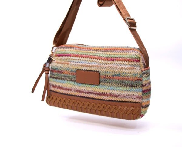Sac bandoulière ” Parrot King ” effet arrondi à 3 compartiments en tissus avec bande décorative – Multicolore 3 / Finitions marron – Image 2