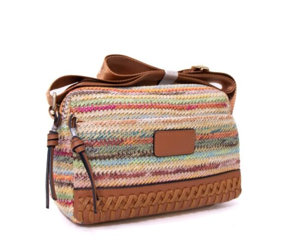 Sac bandoulière ” Parrot King ” effet arrondi à 3 compartiments en tissus avec bande décorative – Multicolore 3 / Finitions marron