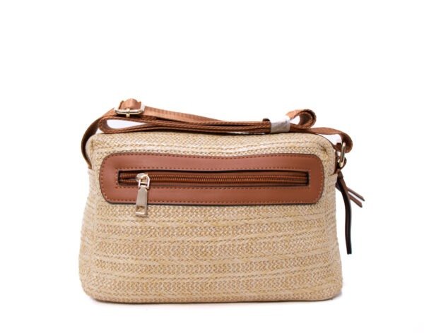 Sac bandoulière ” Parrot King ” effet arrondi à 3 compartiments en tissus avec bande décorative – couleur paille / Finitions marron – Image 5